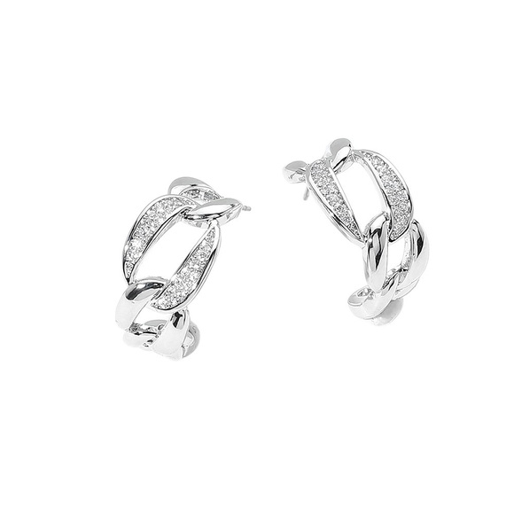 Elegant 14K WGP PAVE CHAIN MINI HOOP EARRINGS - Picture 1 of 2